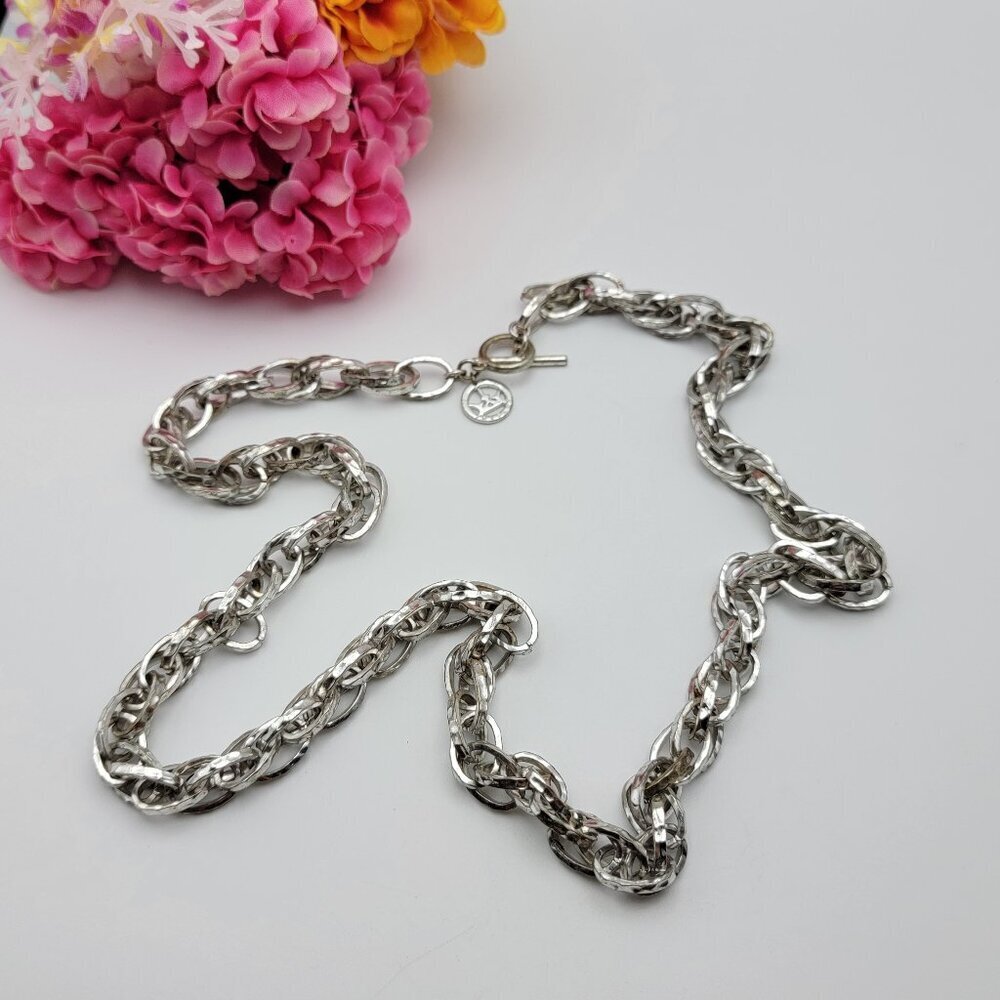 Crown Trifari Silver Tone Heavy Woven Chain Statement Necklace 31" Toggle Clasp